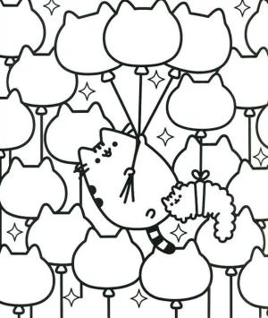 Pusheen boyama sayfası, Pusheen coloring page, Balonlar tutan Pusheen, 