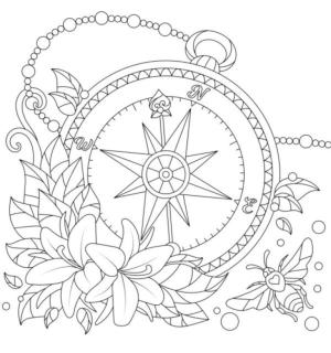 Pusula boyama sayfası,  coloring page, Çiçekler ve arılar arasında pusula., 