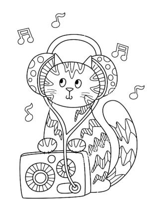 Radio boyama sayfası,  coloring page, Radyolu ve Kulaklıklı Şirin Yavru Kedi, 