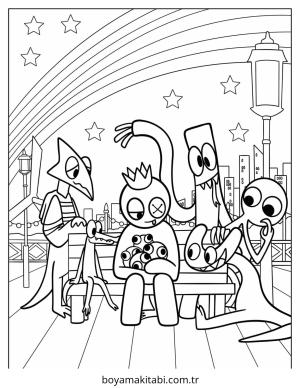 Gökkuşağı Arkadaşları (Rainbow Friends) boyama sayfası – renkli çizimler, okul öncesi