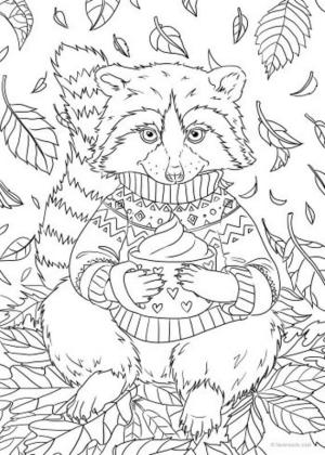 Rakun boyama sayfası, Raccoons coloring page, Yapraklı Kek Tutan Rakun, 