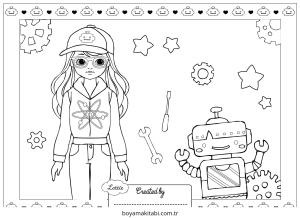 Robot Girl boyama sayfası – renkli çizimler, okul öncesi