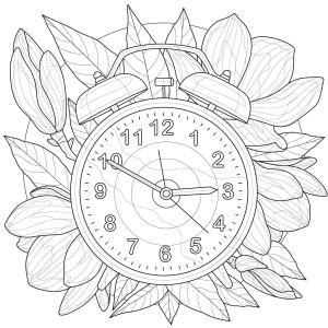 Saat boyama sayfası,  coloring page, Yaprakları ile Saat, 