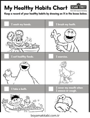 Sağlıklı Alışkanlıklar boyama sayfası – renkli çizimler, okul öncesi