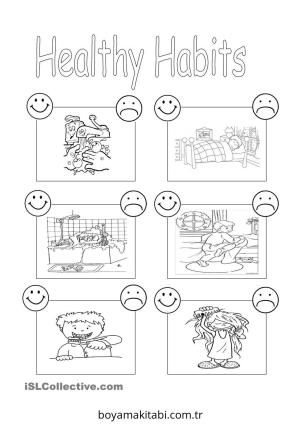 Sağlıklı Alışkanlıklar boyama sayfası – sevimli karakter, sanatsal çalışma