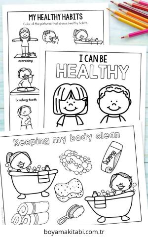Sağlıklı Alışkanlıklar boyama sayfası – keyifli zaman, renkli çizimler