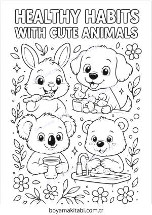 Sağlıklı Alışkanlıklar boyama sayfası – çizgi film temalı, basit çizim