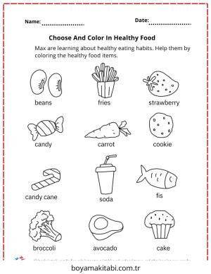 Sağlıklı Yiyecekler boyama sayfası – okul öncesi, evde etkinlik
