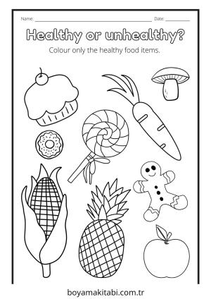Sağlıklı Yiyecekler boyama sayfası – eğlenceli etkinlik, el becerilerini geliştirir
