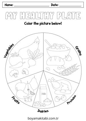 Sağlıklı Yiyecekler boyama sayfası – keyifli zaman, renkli çizimler