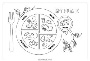 Sağlıklı Yiyecekler boyama sayfası – çocuklar için, çizgi film temalı