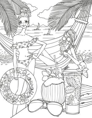 Sahil boyama sayfası,  coloring page, Plajdaki Bayanlar, 