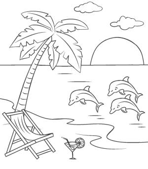 Sahil boyama sayfası,  coloring page, Plaj ve Yunuslar, 