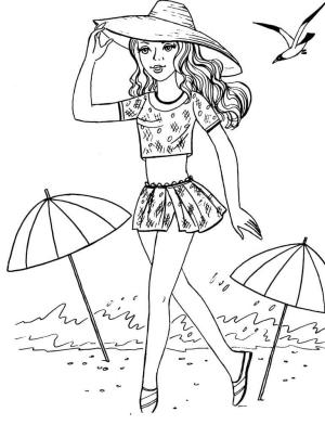 Sahil boyama sayfası,  coloring page, Sahildeki Güzel Kız, 