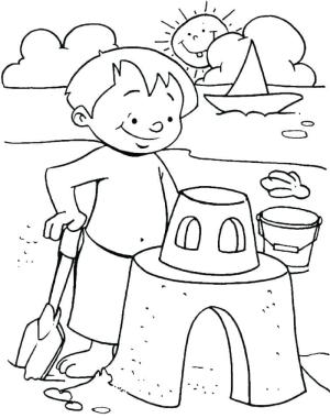 Sahil boyama sayfası,  coloring page, Küçük Çocuk ve Kumdan Kale, 