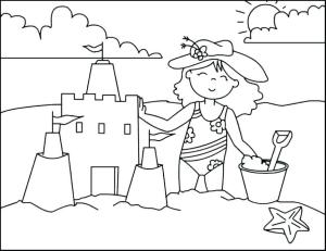 Sahil boyama sayfası,  coloring page, Küçük Kız ve Kumdan Kale, 