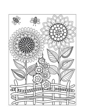 Sanat Terapisi boyama sayfası,  coloring page, ayçiçeği ve arılar, 