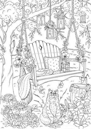 Sanat Terapisi boyama sayfası,  coloring page, bahçe salıncağı ile kedi, 