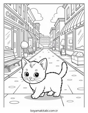 Şehir boyama sayfası – PDF indir, sevimli karakter