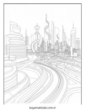 Şehir boyama sayfası – sevimli karakter, sanatsal çalışma