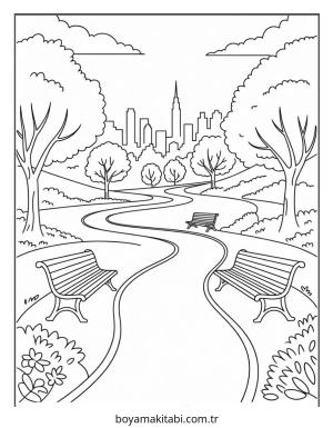 Şehir boyama sayfası – çizgi film temalı, basit çizim