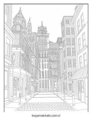 Şehir boyama sayfası – keyifli zaman, renkli çizimler