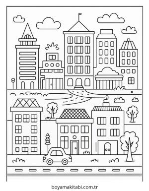 Şehir boyama sayfası – kolay boyama, eğitici aktivite