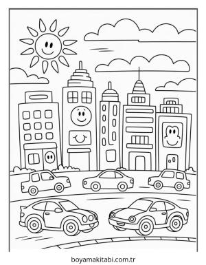Şehir boyama sayfası – boyama etkinliği, çocuk aktivitesi