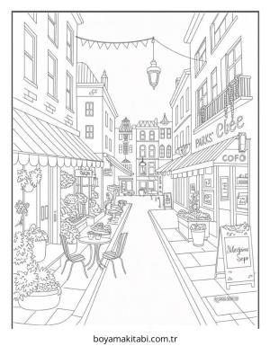 Şehir boyama sayfası – basit çizim, kolay boyama