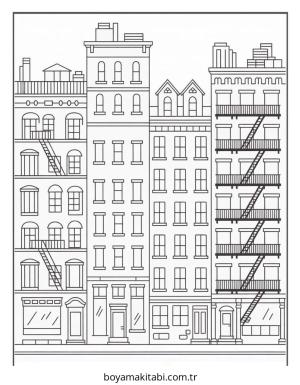 Şehir boyama sayfası – çocuk aktivitesi, PDF indir