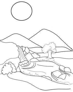 Şelale boyama sayfası,  coloring page, Basit Şelale Manzarası, 