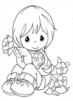 Sevimli boyama sayfası,  coloring page, Çiçek Tutan Sevimli Küçük Kız, 