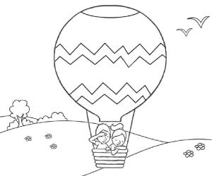 Sıcak Hava Balonu boyama sayfası,  coloring page, Sıcak Hava Balonunda Temel İki Çocuk, 