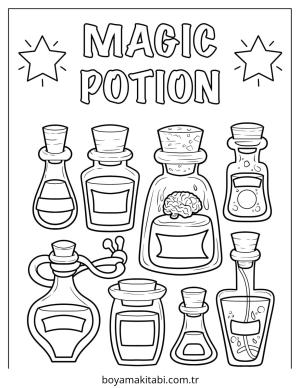 Sihirli İksir boyama sayfası – sevimli karakter, sanatsal çalışma