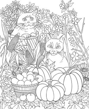 Sonbahar boyama sayfası,  coloring page, Oynak kediler sepetlere tırmandı, 