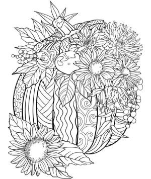 Sonbahar boyama sayfası,  coloring page, Çeşitli kuru çiçekler sadece desenli balkabağını süslüyor., 