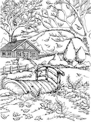 Sonbahar boyama sayfası,  coloring page, Varoşlarda küçük bir köyde gerçek sonbahar., 