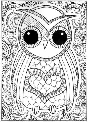 Sonbahar boyama sayfası,  coloring page, Desenli ve kalpli sevimli baykuş, 