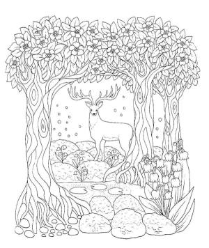 Sonbahar boyama sayfası,  coloring page, Ağaçların dallarında zarif geyik., 