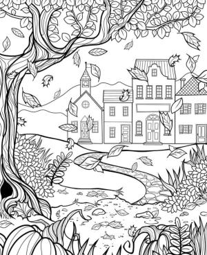 Sonbahar boyama sayfası,  coloring page, Şehir sonbahar atmosferine gömüldü., 