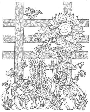 Sonbahar boyama sayfası,  coloring page, Desenli bir çit ayçiçekleriyle süslenmiştir., 