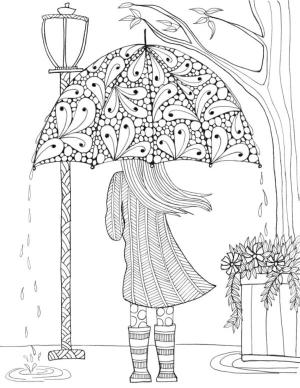 Sonbahar boyama sayfası,  coloring page, Bir kız yağmurdan bir şemsiyenin altına saklanır., 