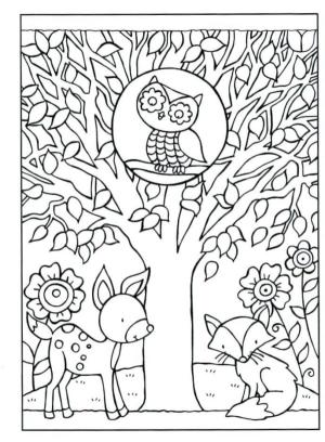 Sonbahar boyama sayfası,  coloring page, Dost canlısı hayvanlar bir araya toplandı., 