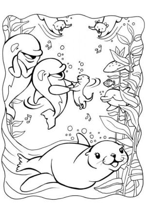 Su Samuru boyama sayfası, Otters coloring page, Su samurları ve yunuslar, 