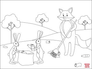 Tavşan boyama sayfası, Rabbits coloring page, , rabbits fox and rabbits picking up the trash 