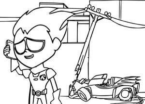 Teen Titans Go boyama sayfası,  coloring page, Robin arabanın kontrolünü kaybetti ve bir direğe çarptı., 