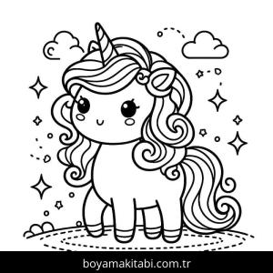 Tek Boynuzlu At boyama sayfası – renkli çizimler, okul öncesi
