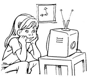 Televizyon boyama sayfası,  coloring page, Küçük kız televizyon izliyor, 