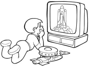 Televizyon boyama sayfası,  coloring page, Küçük çocuk televizyon izliyor, 