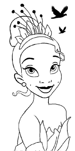 Tiana boyama sayfası,  coloring page, Tiana’nın Yüzü Gülen ve Kuşlar, 